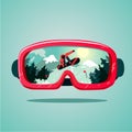 Snowboard protective mask with snowboarder on reflection. Mountain sky glasses. Extreme sport vector background.