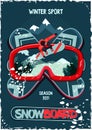 Snowboard protective mask with snowboarder on reflection. Mountain sky glasses. Extreme sport vector background. Royalty Free Stock Photo