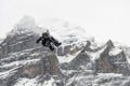 Snowboard ski freestyle big air contest in the background Mittelhorn mountain. Snowboard tricks, ski tricks. Jungfrau region