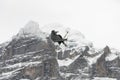 Snowboard ski freestyle big air contest in the background Mittelhorn mountain. Snowboard tricks, ski tricks. Jungfrau region