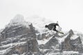 Snowboard ski freestyle big air contest in the background Mittelhorn mountain. Snowboard tricks, ski tricks. Jungfrau region