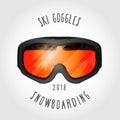 Snowboard or ski goggles with reflection of mountains Royalty Free Stock Photo