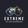 Snowboard ski logo vector with ski snowboarding glasses and wild mountain
