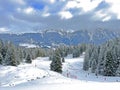 Snowboard and ski trails or alpine trails for winter sports above the tourist resort of Lenzerheide Royalty Free Stock Photo