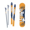 Snowboard, A Sleek, Elongated Board With Bindings For Gliding Down Snowy Slopes. Skis, Long, Narrow, And Curved Pieces