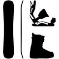 Snowboard, Snowboarding equipment set snowboard board, Snowboard bindings and Snowboard boots realistic silhouette