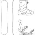 Snowboard, Snowboarding equipment set snowboard board, Snowboard bindings and Snowboard boots sketch drawing, contour lines drawn