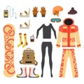 Snowboard sport clothes and tools elements. Flat cartoon
