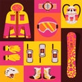 Snowboard sportswear, set of isolated accessories in colorful collage, vector illustration
