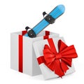 Snowboard with strap-in bindings inside gift box, present concept. 3D rendering