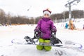 Snowboard winter sport. Cute girl with snowboard going to slide in winter nature Royalty Free Stock Photo