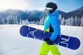 Snowboarder with action camera on a helmet. Close up Portrait of snowboarder in Carpathian Mountains, Snowboarder Royalty Free Stock Photo