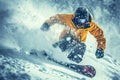 Snowboarder in action, man in yellow jacket slides at ski slope spraying snow powder. Concept of snowboard, winter, sport, splash