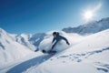 snowboarder carving down snowy slope, with mountains and blue sky in the background