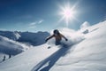 snowboarder carving down snowy slope, with mountains and blue sky in the background