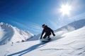 snowboarder carving down snowy slope, with mountains and blue sky in the background