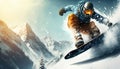 Snowboarder carving through fresh powder snow, mountain landscape, early morning, soft and warm natural lighting, dynamic action