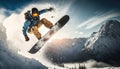 Snowboarder carving through fresh powder snow, mountain landscape, early morning, soft and warm natural lighting, dynamic action