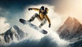 Snowboarder carving through fresh powder snow, mountain landscape, early morning, soft and warm natural lighting, dynamic action