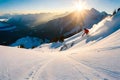 A snowboarder carving through fresh powder snow on a pristine mountain slope, leaving a trail of powder in their wake