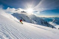 A snowboarder carving through fresh powder snow on a pristine mountain slope, leaving a trail of powder in their wake