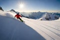 A snowboarder carving through fresh powder snow on a pristine mountain slope, leaving a trail of powder in their wake