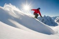 A snowboarder carving through fresh powder snow on a pristine mountain slope, leaving a trail of powder in their wake