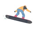 Snowboarder Character Jumping in Mountains, Extreme Sport Activities, Winter Vacation Cartoon Style Vector Illustration Royalty Free Stock Photo