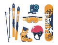 Snowboarder Essentials, Top-notch Gear Set. Sturdy Board, Sleek Bindings, Skis, Action Camera, Helmet and Goggles