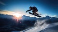 Snowboarder in Flight with Mountains and Sun in Background Wearing Helmet and Goggles