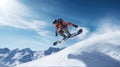 Snowboarder in Flight with Mountains and Sun in Background Wearing Helmet and Goggles