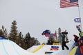 Snowboarder getting filmed at the half-pipe competition, Mammoth Mountain, California USA Royalty Free Stock Photo