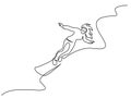 Snowboarder girl woman going down mountain. One line drawing