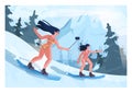 Snowboarder girls in bikini. Female characters on snowboard riding down