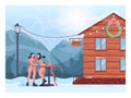 Snowboarder girls in bikini taking a picture in front of a cableway. Royalty Free Stock Photo