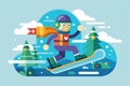 A snowboarder glides smoothly over snow with vibrant trees and clouds in the background, celebrating winter, Customizable flat Royalty Free Stock Photo