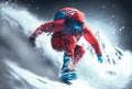 A snowboarder goes down a snow-covered slope.