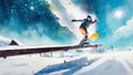 A snowboarder grinds a rail amidst a vibrant, snowy landscape under a bright sky