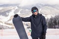 Snowboarder hold snowboard on top of hill close up portrait, snow mountains snowboarding on slopes. Ski resort.