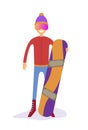 Snowboarder holding a purple snowboard