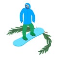 Snowboarder icon isometric vector. Male athlete in on snowboard and green branch