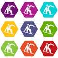 Snowboarder icon set color hexahedron