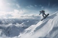 Snowboarder in a jump on a high mountain, Freerider running downhill