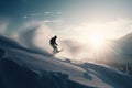 Snowboarder in a jump on a high mountain, Freerider running downhill