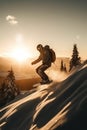 Snowboarder in a jump on a high mountain, Freerider running downhill