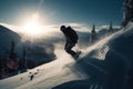 Snowboarder in a jump on a high mountain, Freerider running downhill