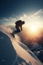 Snowboarder in a jump on a high mountain, Freerider running downhill