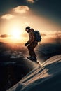 Snowboarder in a jump on a high mountain, Freerider running downhill