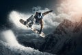 Snowboarder at jump in high mountains at sunny day. Neural network AI generated