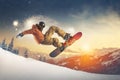 Snowboarder at jump in high mountains at sunny day. Neural network AI generated